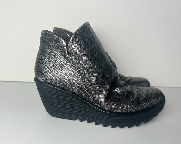 Fly London Shoes - Fly London yip wedge ankle boots in metallic silver leather women's size 8 39